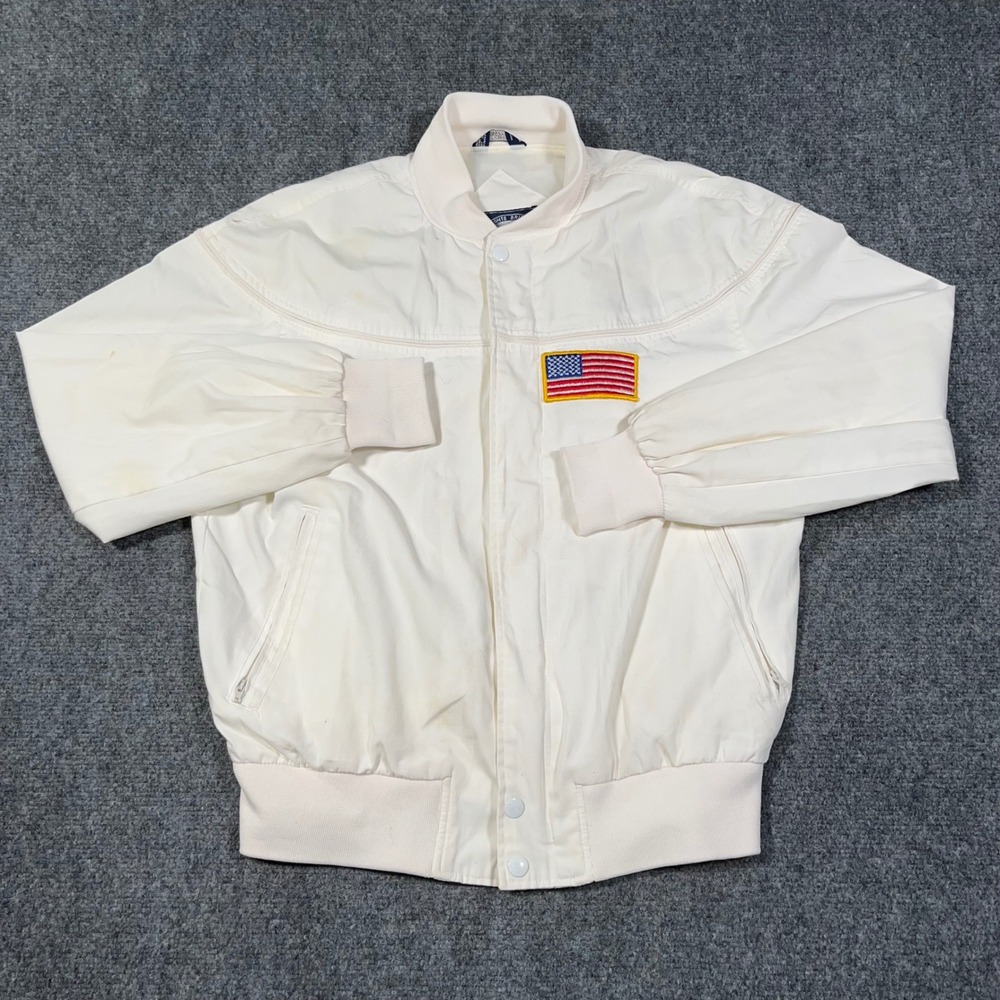 Knights Bridge USA Flag Patch Bomber Jacket Mens Medium‎ Vintage Full Zip White